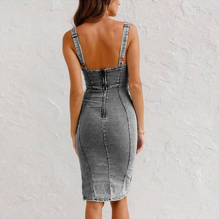 W&W Mode Träger-Jeanskleid mit U-Ausschnitt - Sommerliches, lässiges, eng anliegendes Slim-Fit-Kleid mit Schlitzdesign