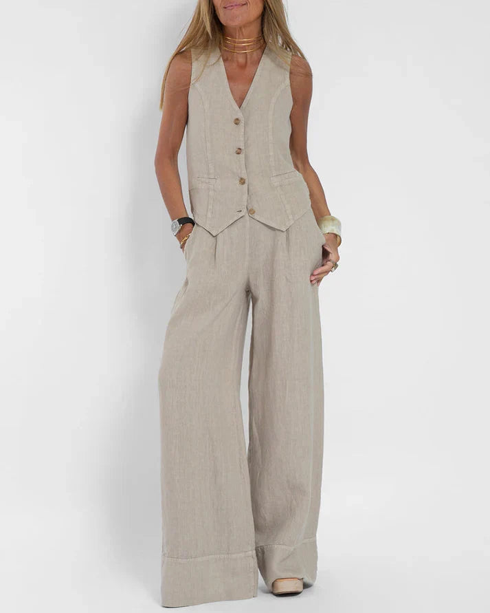 W&W Mode | Elegantes 2 Teiliges Satz Aus Weiter Leinenhose Und Weste