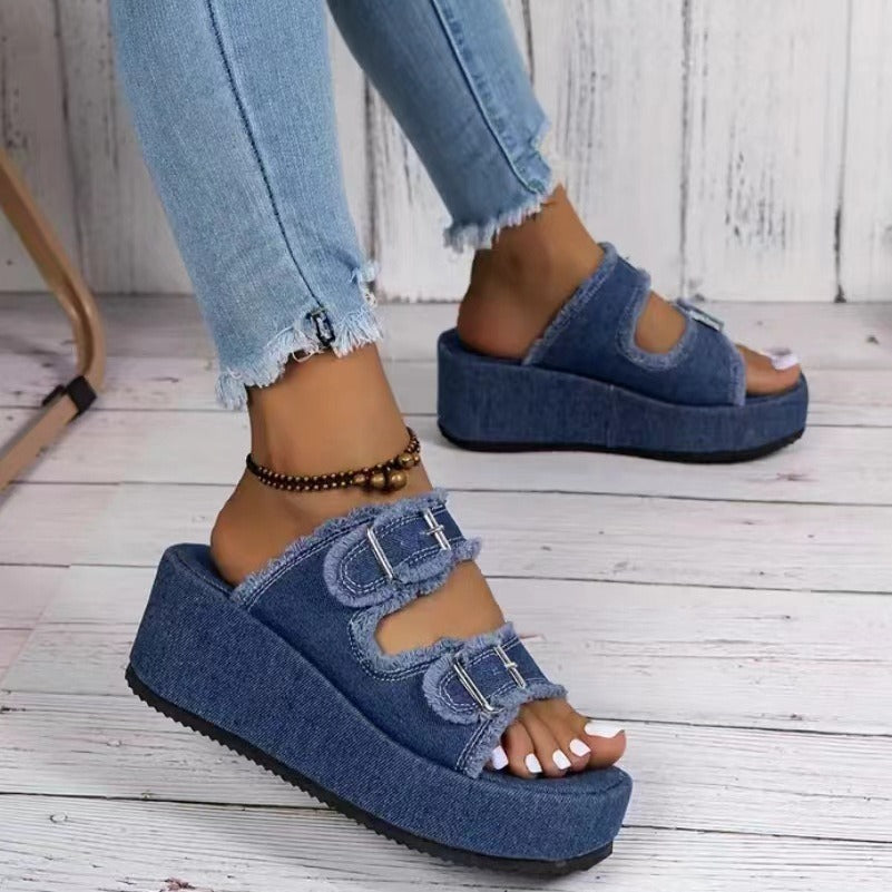 W&W Mode Denim-Sandalen mit Schnalle
