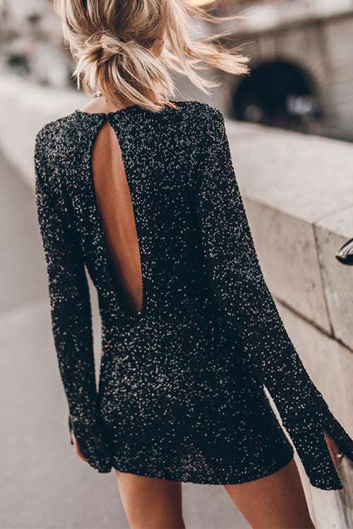 W&W Mode | Schlitz Lange Ärmel Rücken Ausschnitt Pailletten Mini Kleid