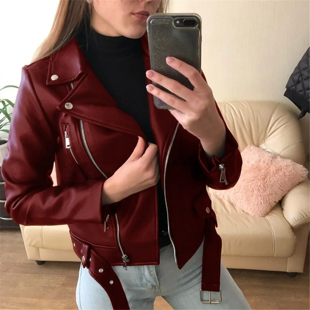 W&W Mode | Lederjacke Damen Bikerjacke Mit Reißverschlüssen Und Taillengürtel