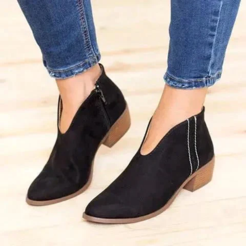 W&W Mode | Damen Wildleder Ankle Boots mit Niedrigem Blockabsatz, V-förmiges Design, Reißverschluss