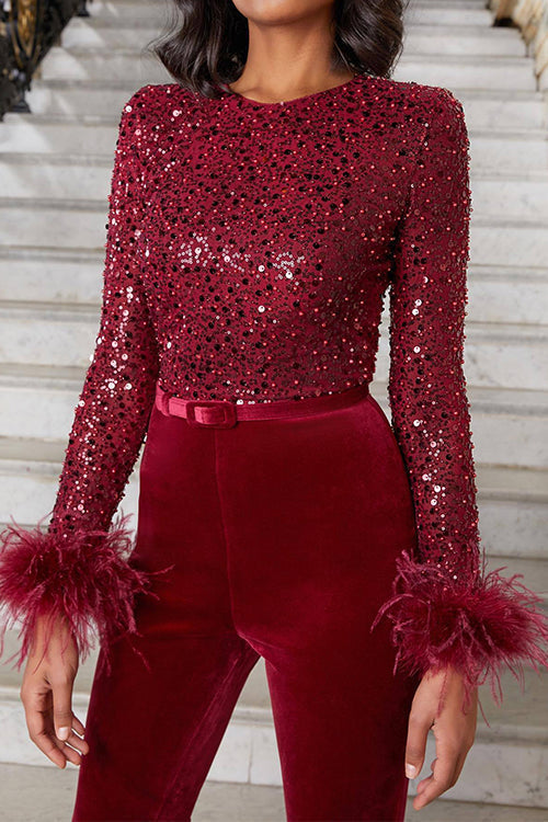 W&W Mode | Rosiedress Federpaneel Langärmelige Glockenboden Pailletten Overall
