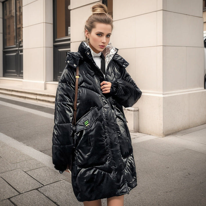 Damen-Winterjacke aus Polyester mit glänzender Oberfläche und lockerem Schnitt