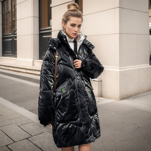 Damen-Winterjacke aus Polyester mit glänzender Oberfläche und lockerem Schnitt