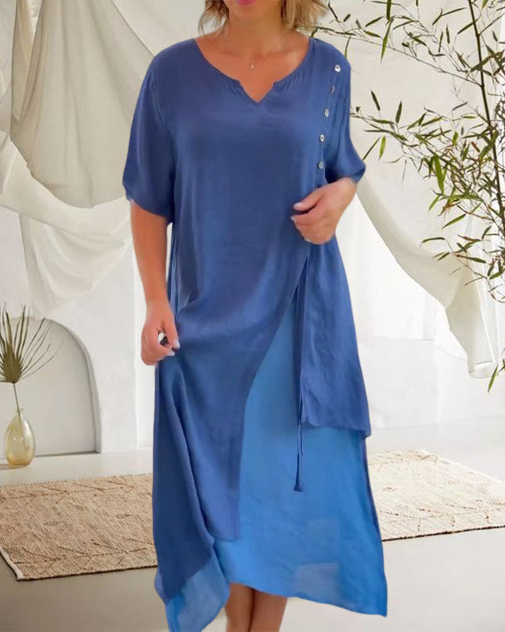 W&W Mode | Asymmetrisches Kleid mit kurzen Ärmeln und V-Ausschnitt