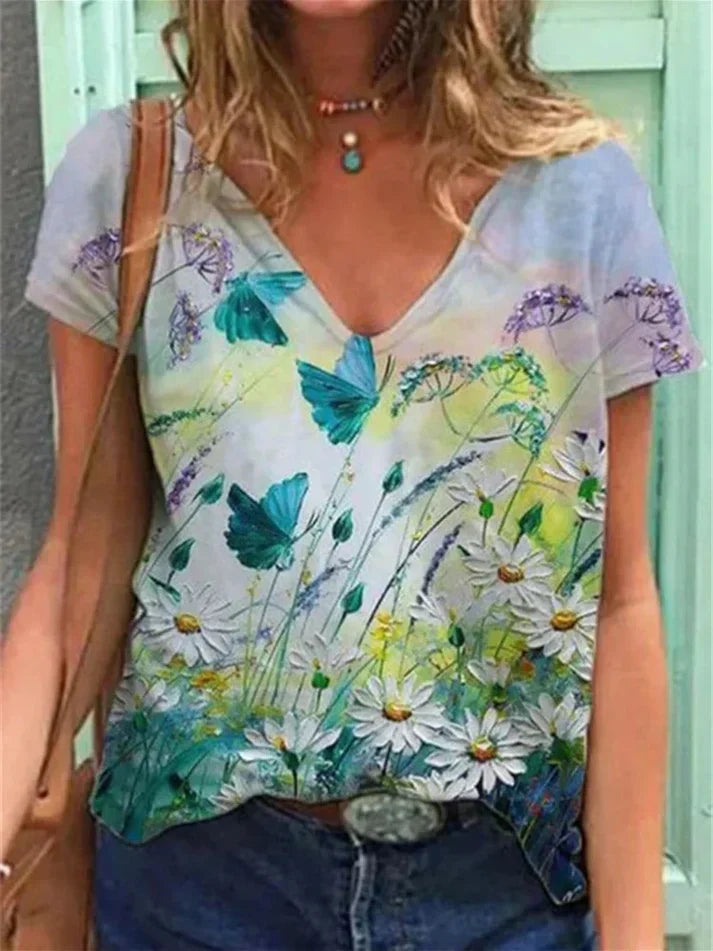 W&W Mode | Shirt Mit V-ausschnitt Malerei Blumenkunst