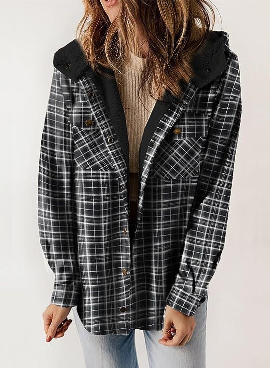 W&W Mode | Plaid Jacke Langarm Schnalle Wolle mit Kapuze