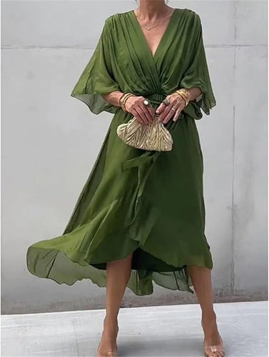 Damen-Chiffonkleid mit V-Ausschnitt, Bindegürtel und asymmetrischem Saum