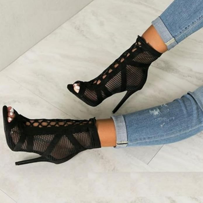 W&W Mode Damen Sandaletten mit hohen Absätzen - Verführerische Spitze und Mesh für den perfekten Party-Look