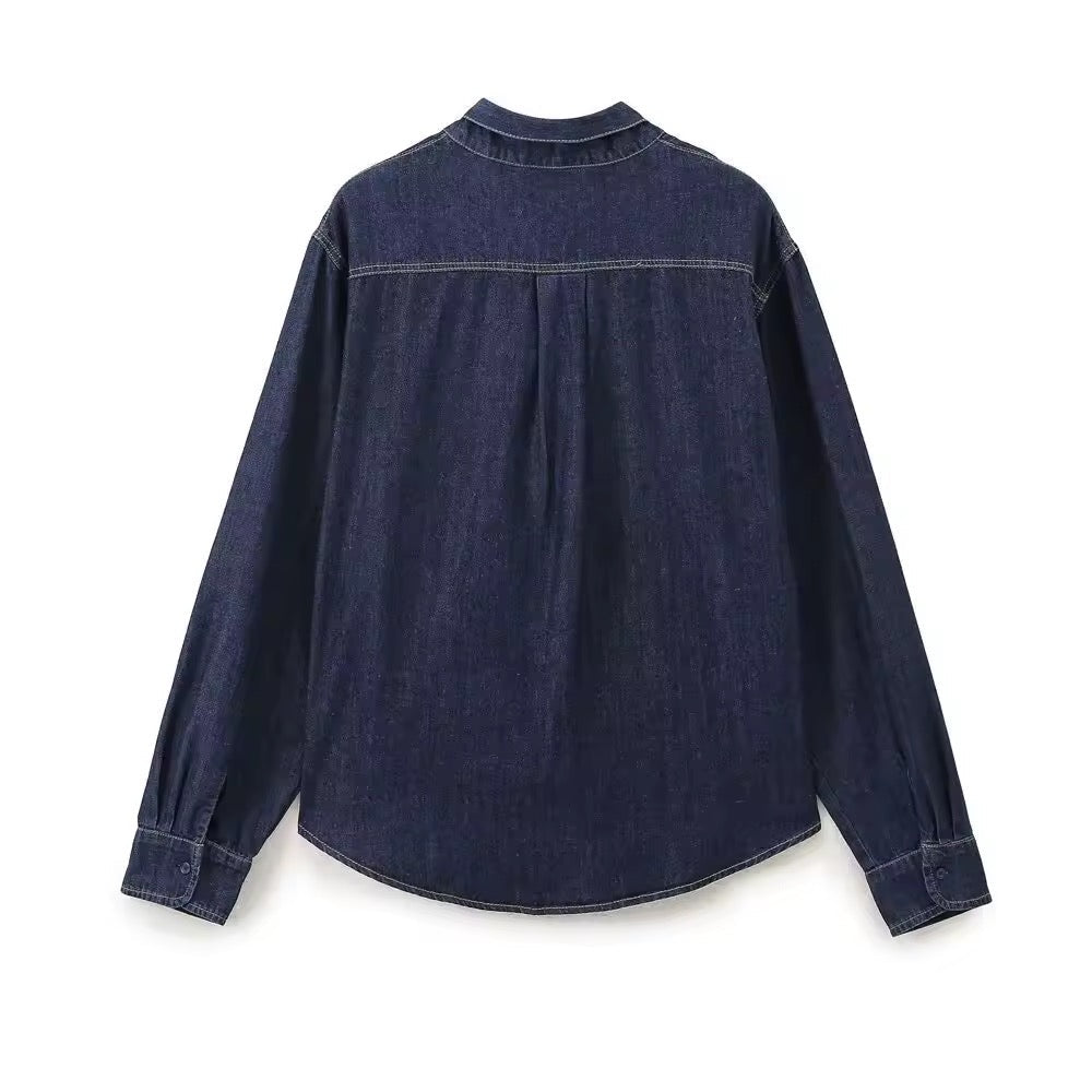 W&W Mode | Dunkle Denim Bluse Mit Schleifenkragen
