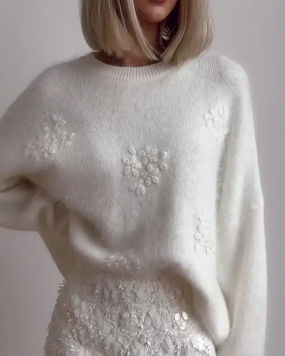 W&W Mode | Eleganter Pullover Aus Besticktem Blumenstrick Für Frauen