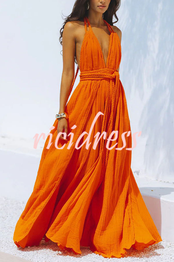 W&W Mode Whispers – Drapiertes Maxikleid aus Leinenmischung mit tiefem V-Ausschnitt, Neckholder und rückenfreiem Überzug