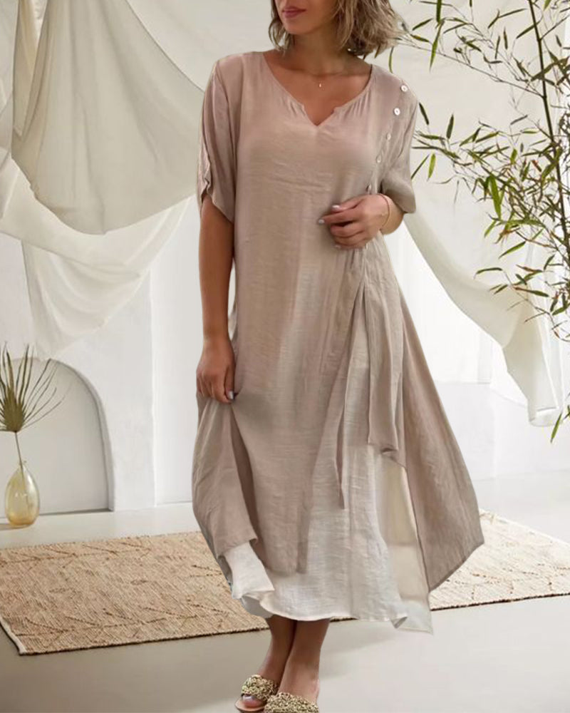 W&W Mode | Asymmetrisches Kleid mit kurzen Ärmeln und V-Ausschnitt