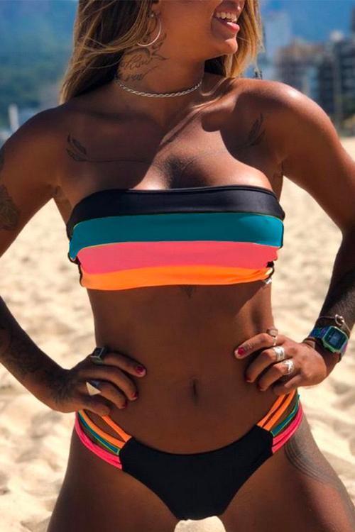 W&W Mode | Rosiedress Rainbow Gestreifter Tube Top Bandeau Bikini Set