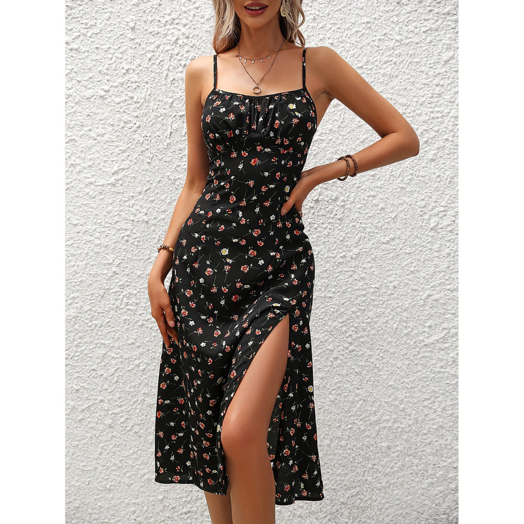 Damen-Hosenträgerkleid mit Polka-Dot-Muster und seitlichem Schlitz