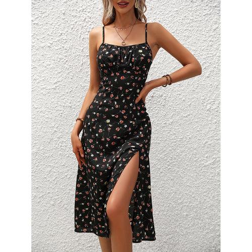 Damen-Hosenträgerkleid mit Polka-Dot-Muster und seitlichem Schlitz