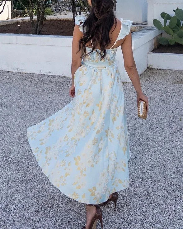 Damen bedrucktes Kleid mit Rüschenschultern, Taillenknoten und Schlitzen