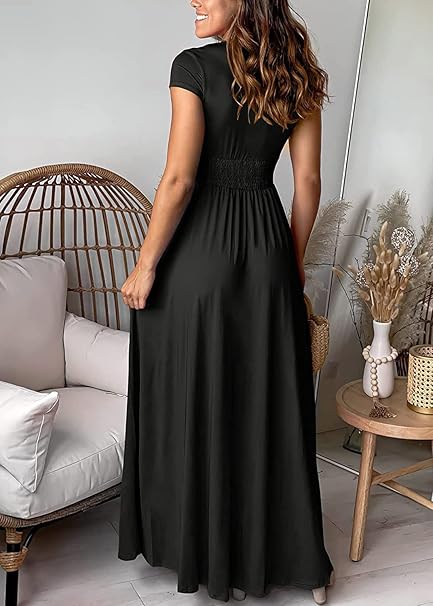 W&W Mode | Elegantes tiefes V-Ausschnitt Hochschlitz Maxikleid für Frauen