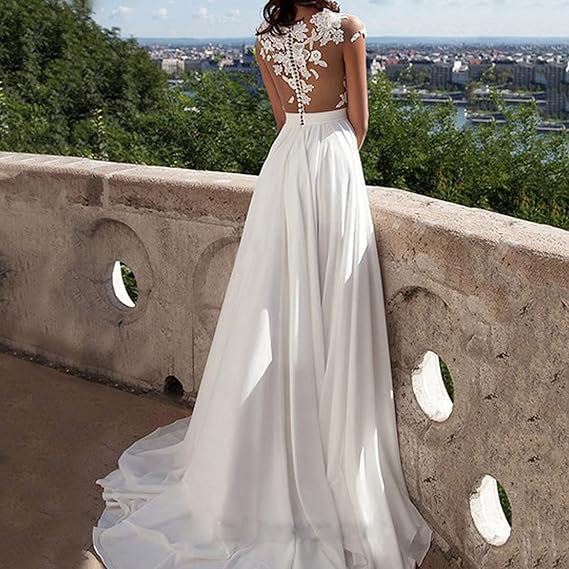 Damen Abendkleid aus Spitze mit floraler Verzierung, Beinschlitz und transparentem Rücken