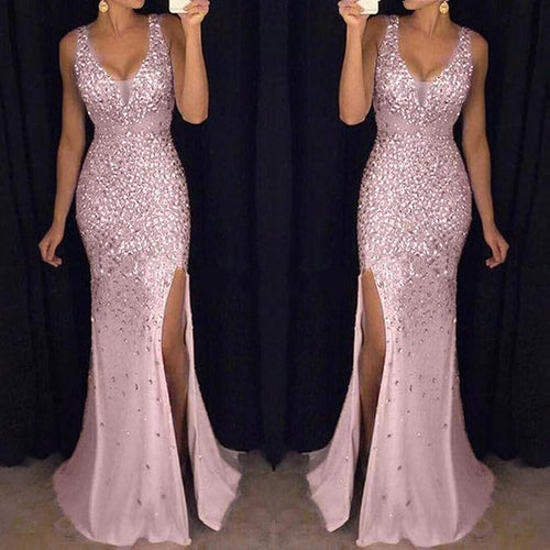 W&W Mode | Sling V-Ausschnitt Split Glitzerndes Abendkleid