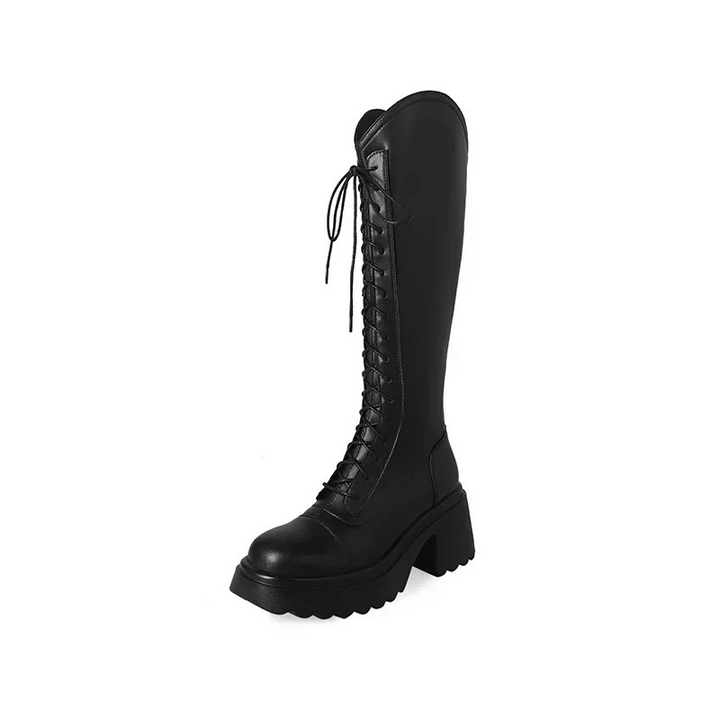 Damen hohe Stiefel mit Schnürung und robustem Absatz