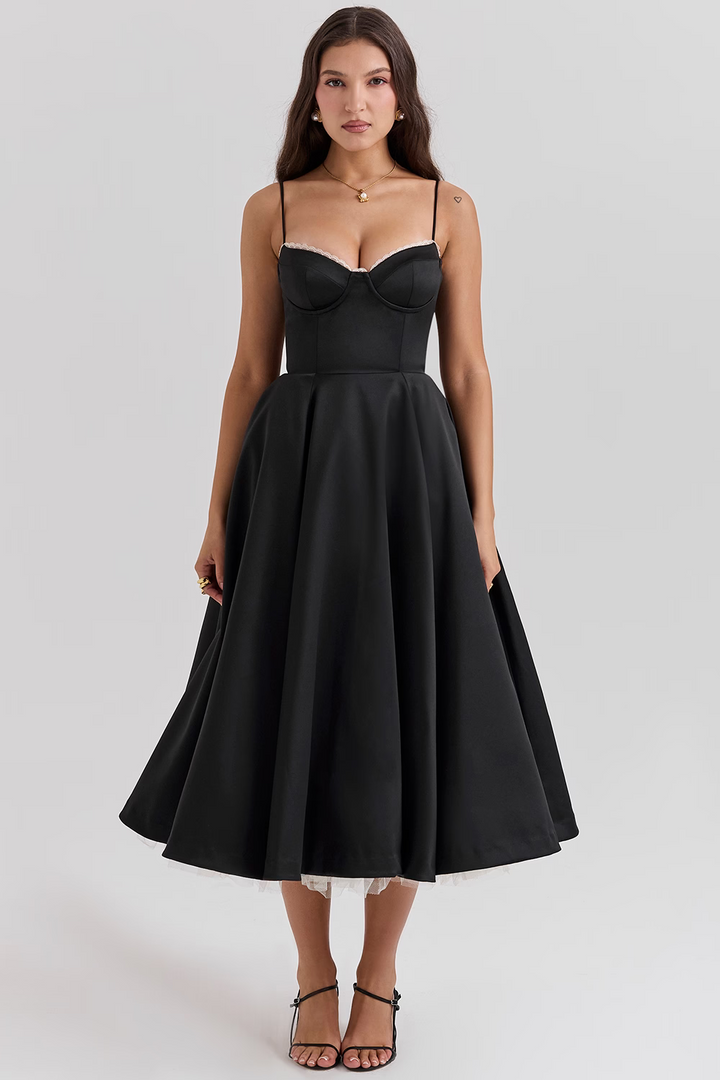 W&W Mode | A-linie Midi Kleid Spaghetti Träger Spitzen Detail Elegante Formelle Kleidung