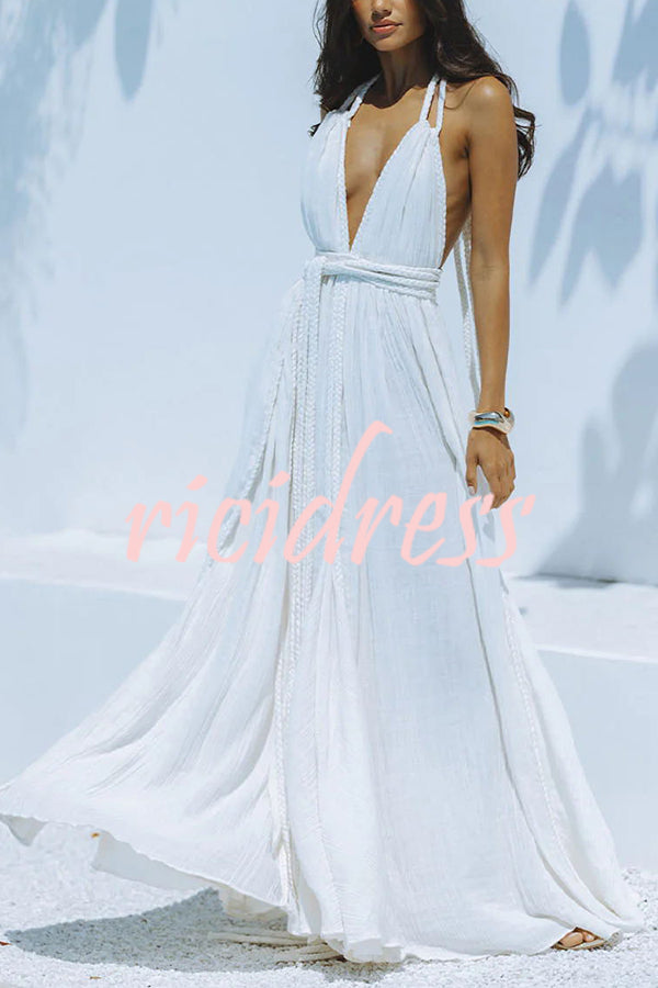 W&W Mode Whispers – Drapiertes Maxikleid aus Leinenmischung mit tiefem V-Ausschnitt, Neckholder und rückenfreiem Überzug