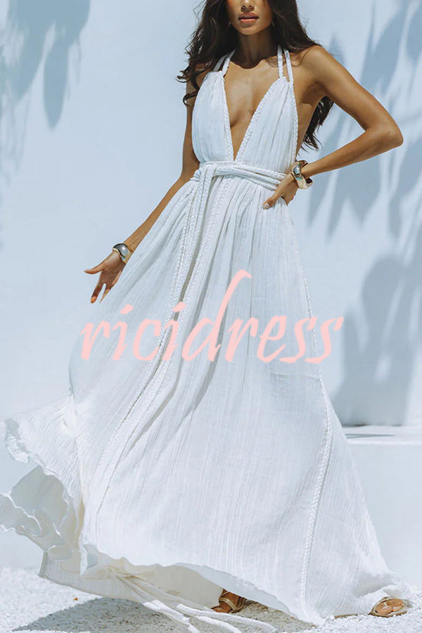 W&W Mode Whispers – Drapiertes Maxikleid aus Leinenmischung mit tiefem V-Ausschnitt, Neckholder und rückenfreiem Überzug