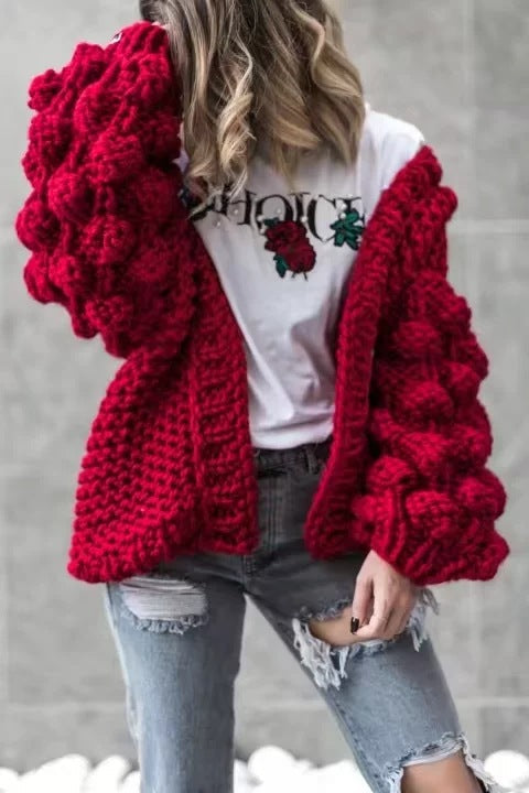 Damen Grob gestrickter Oversized Cardigan mit voluminösen Ärmeln W&W Mode