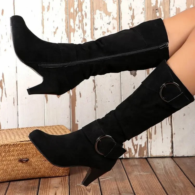 W&W Mode | Damen Knielange Stiefel mit Reißverschluss und Schnalle Stilvolle Hohe Stiefel