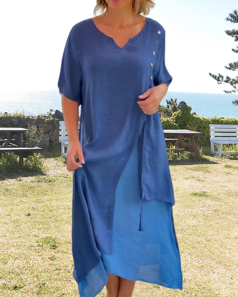 W&W Mode | Asymmetrisches Kleid mit kurzen Ärmeln und V-Ausschnitt