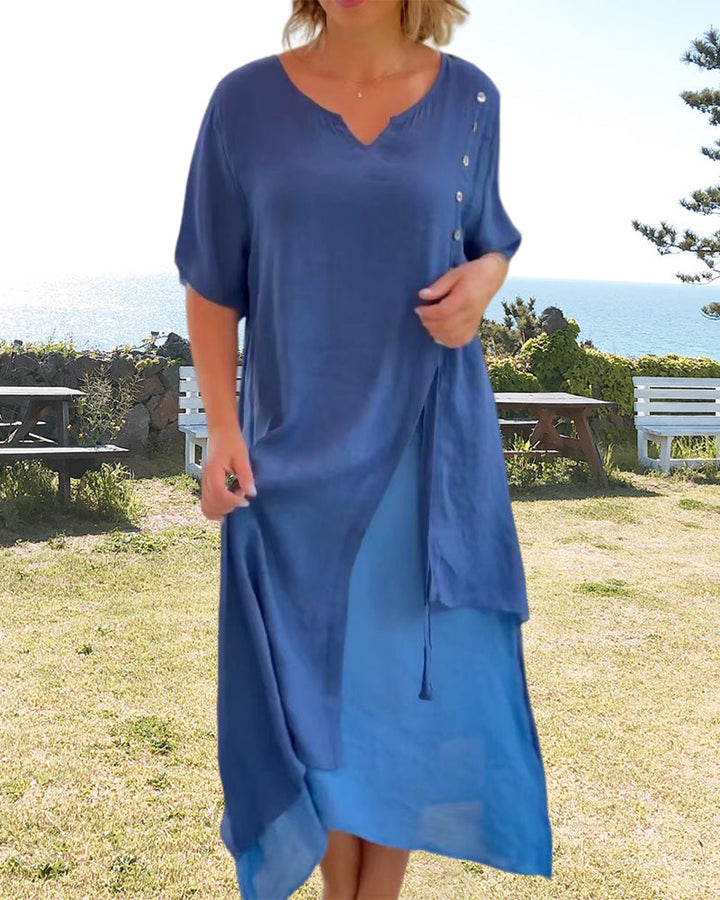 W&W Mode | Asymmetrisches Kleid mit kurzen Ärmeln und V-Ausschnitt