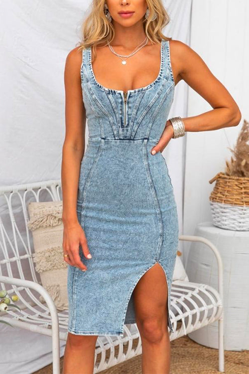 W&W Mode | U-Hals Reißverschluss Schlitz Denim Bodycon Cami Kleid