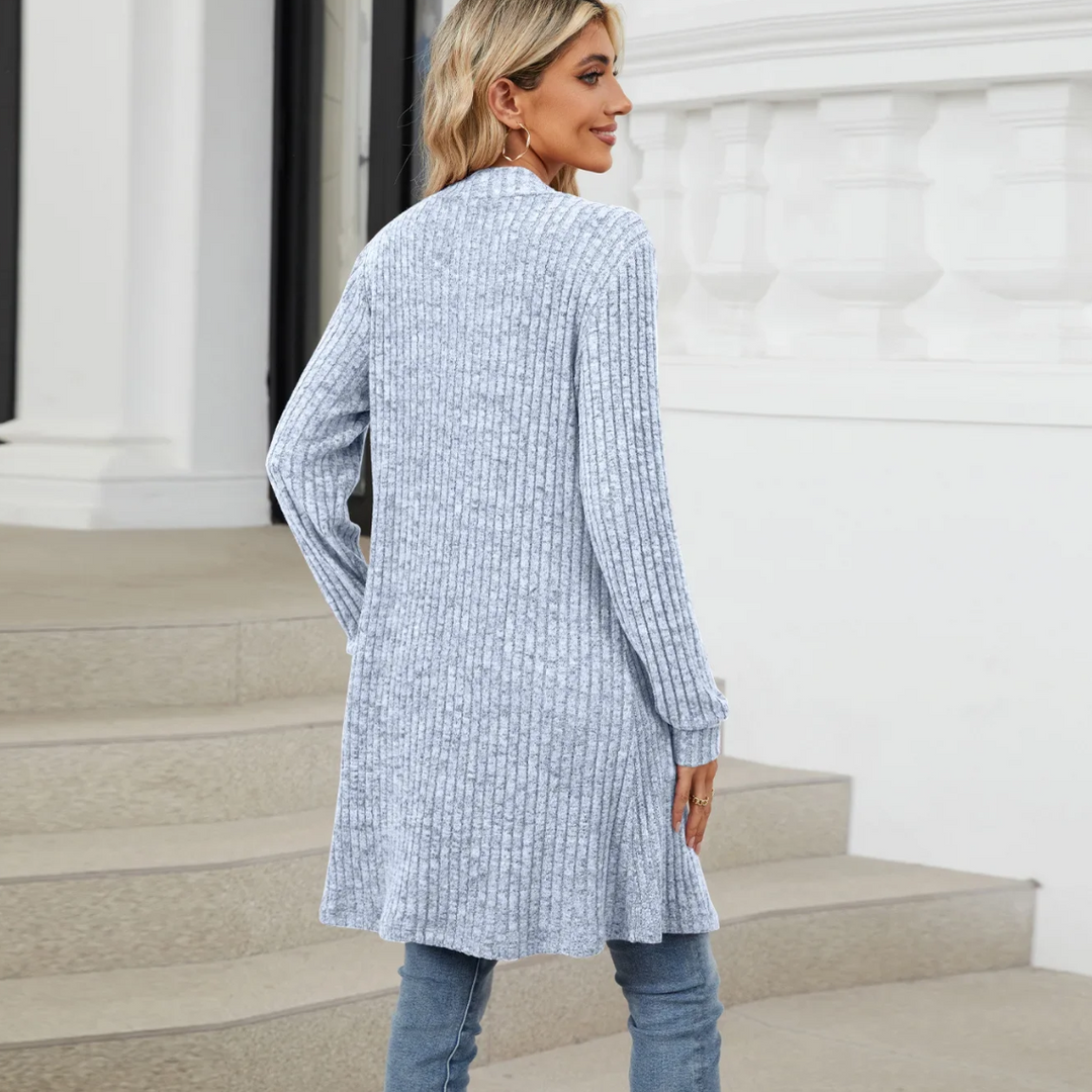W&W Mode | Lange Strickjacken Damen Gerippte Offene Vorderseite Jacke mit Taschen