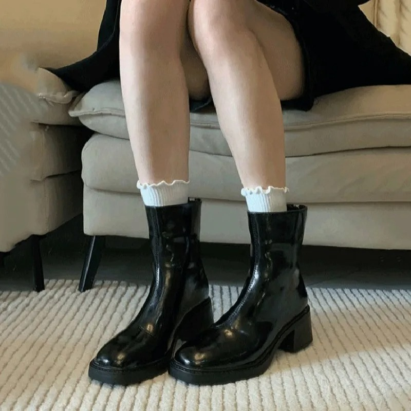 Damen-Leder-Ankle-Boots mit Blockabsatz