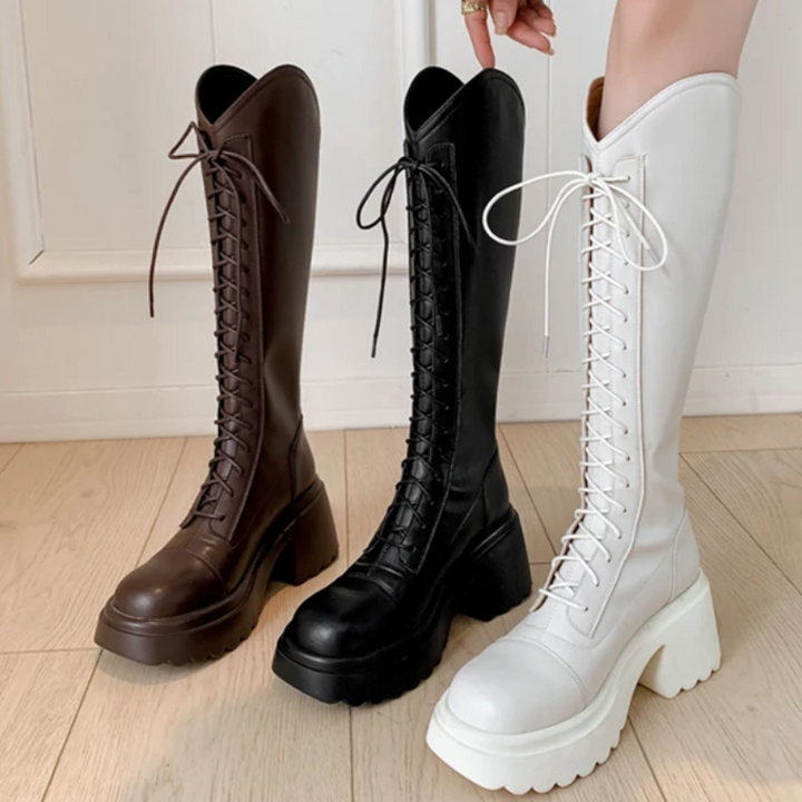 Damen hohe Stiefel mit Schnürung und robustem Absatz