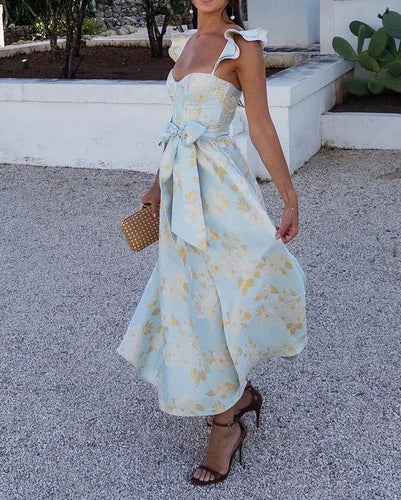 Damen bedrucktes Kleid mit Rüschenschultern, Taillenknoten und Schlitzen
