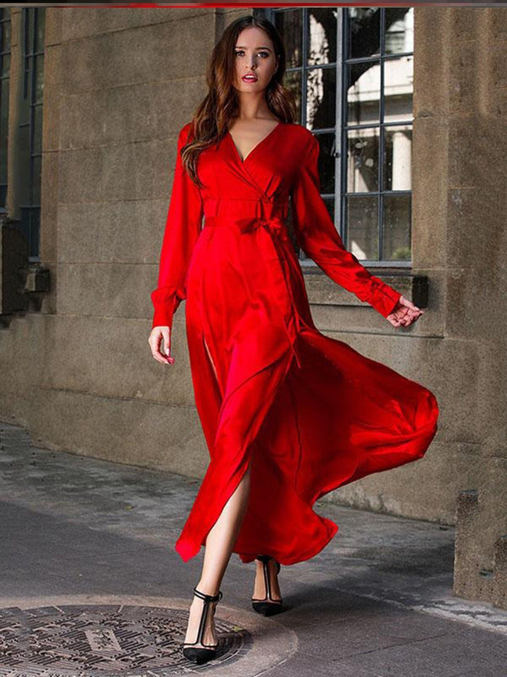 W&W Mode | Elegantes Kleid mit langen Ärmeln V-Ausschnitt Geteilter langer Rock