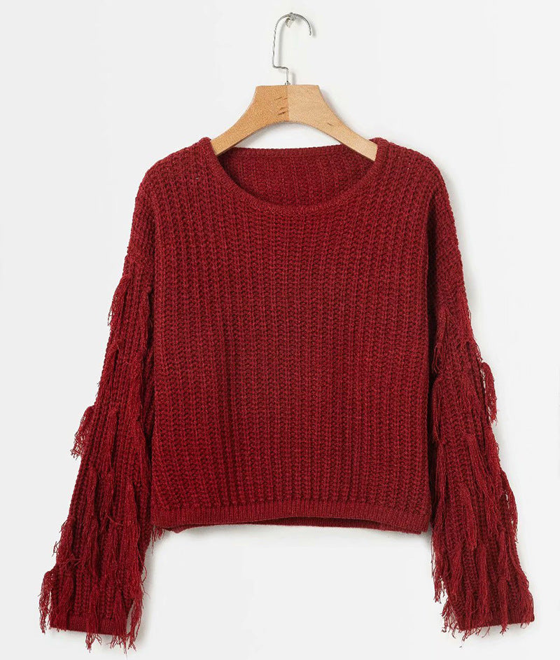 Damen Grobstrickpullover mit fransigen Ärmeln W&W Mode