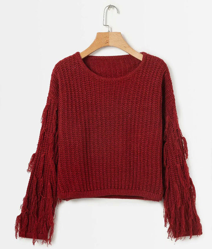 Damen Grobstrickpullover mit fransigen Ärmeln W&W Mode