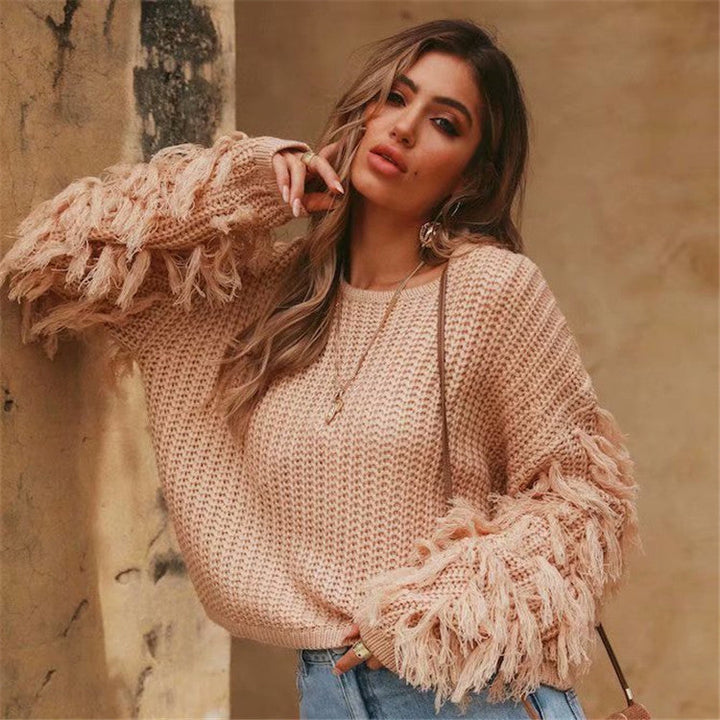 Damen Grobstrickpullover mit fransigen Ärmeln und gemütlichem Schnitt W&W Mode