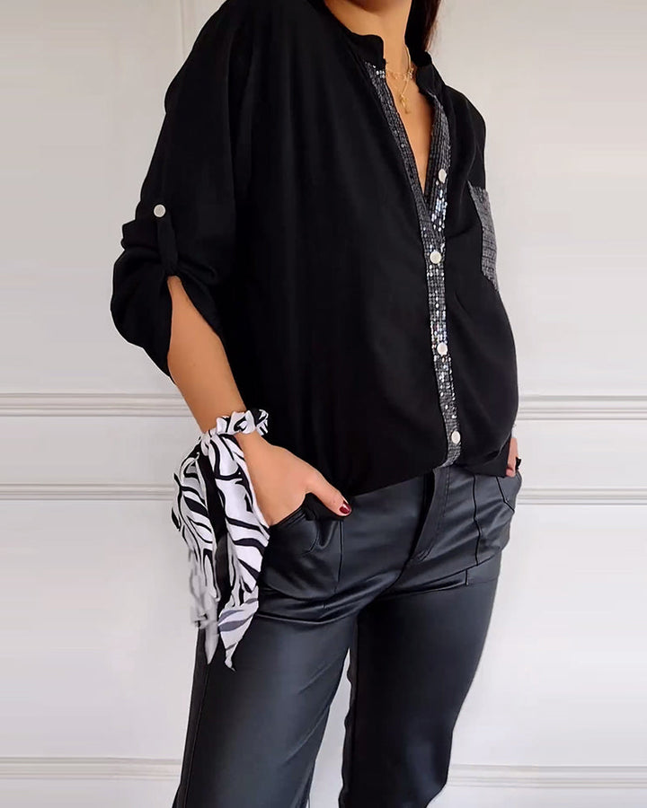 W&W Mode - Schicke Bluse mit Knopfleiste und Paillettenbesatz für Damen | Elegante Langarmbluse mit Paillettentasche