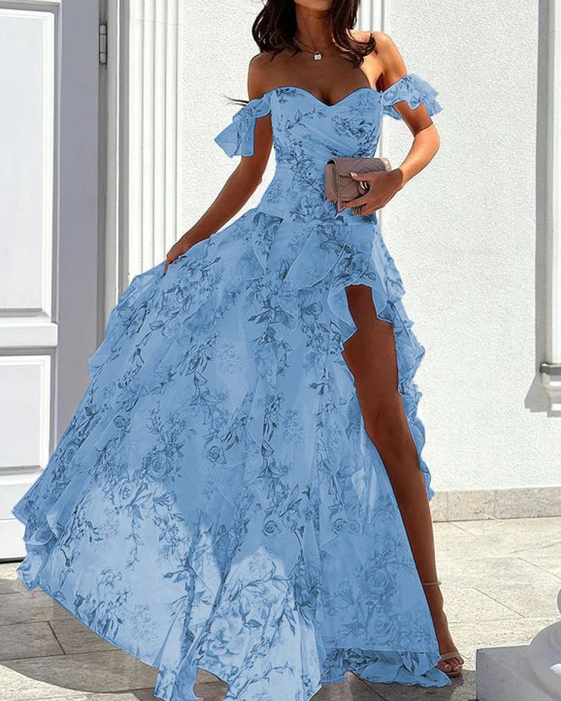 Damen-Maxikleid mit Blumenmuster, V-Ausschnitt und hoher Seitenschlitz