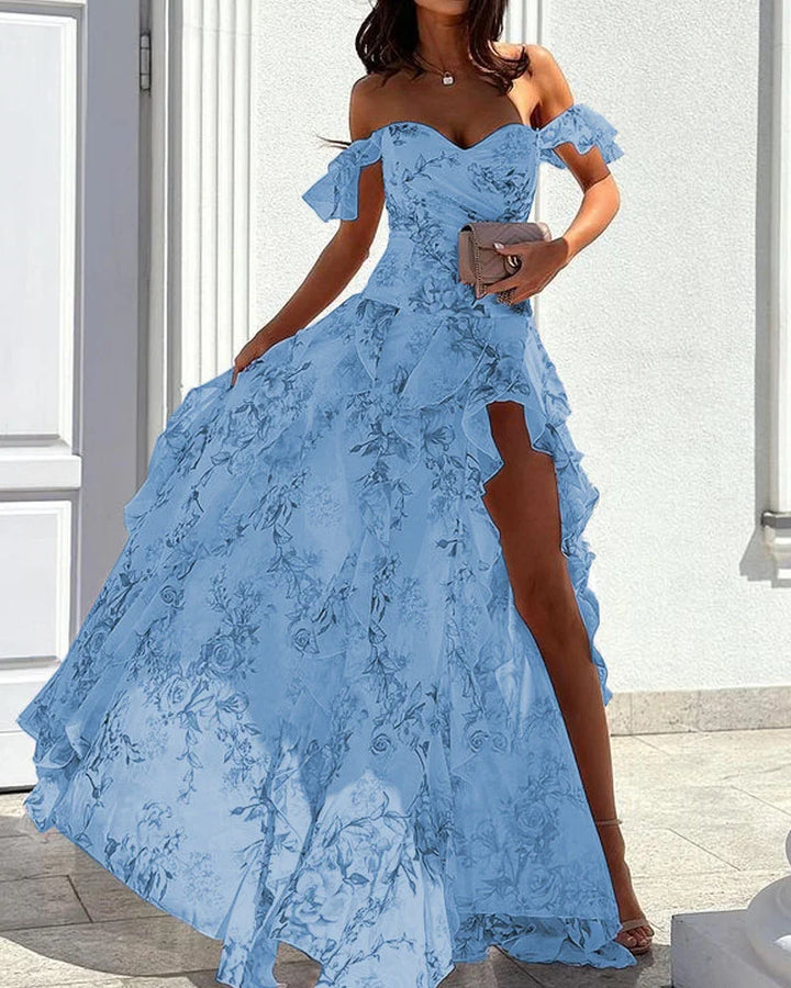 Damen-Maxikleid mit Blumenmuster, V-Ausschnitt und hoher Seitenschlitz