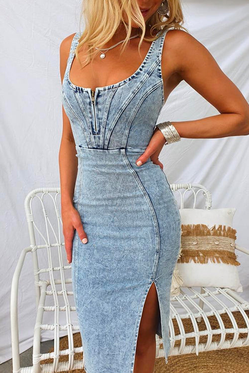 W&W Mode | U-Hals Reißverschluss Schlitz Denim Bodycon Cami Kleid