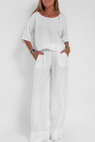 W&W Mode | Rosiedress Rundhals 3/4 Ärmel Pullover Weite Beinhosen Baumwolle Leinen Set