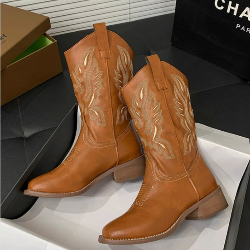 W&W Mode | Western Stil Stiefel Damen mit Spitzem Kopf und Blockabsatz, Cowboy Stiefel Damen