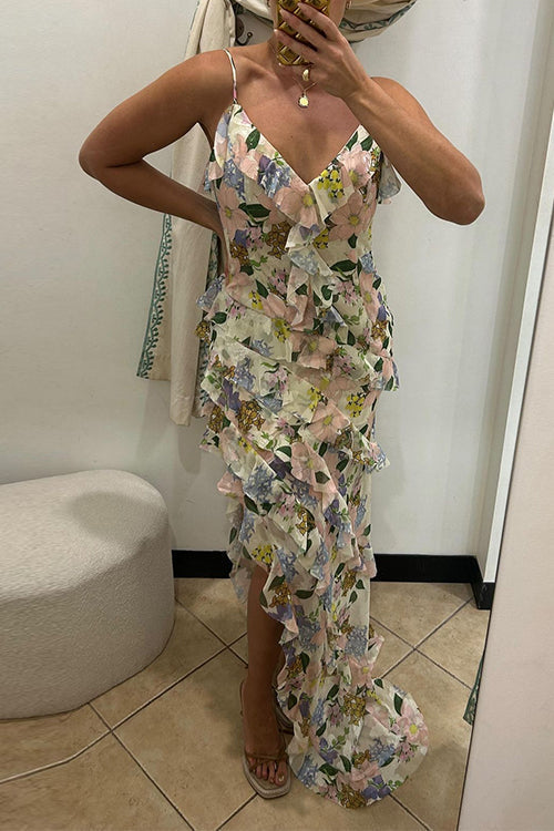 W&W Mode | V-Ausschnitt Asymmetrischer Saum Rüschen Floralprint Maxi Cami Kleid