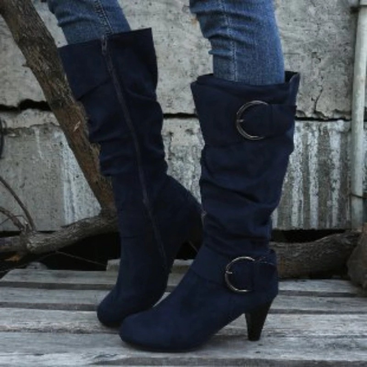 W&W Mode | Damen Knielange Stiefel mit Reißverschluss und Schnalle Stilvolle Hohe Stiefel